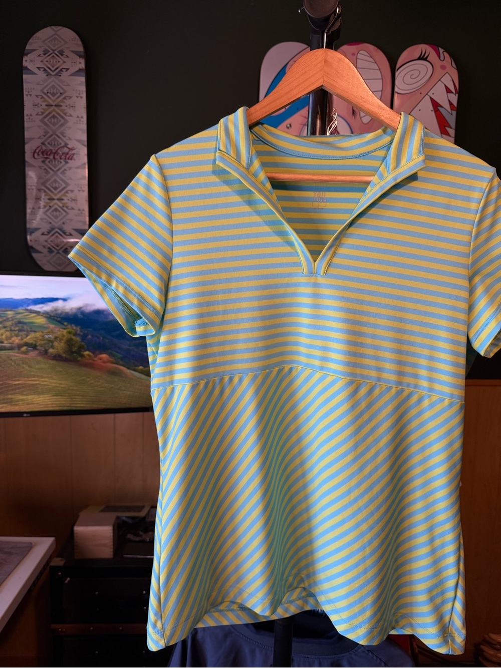 TAIL Neon Green & Aqua Blue Short Sleeve Golf Top- Womens Collared Shirt
